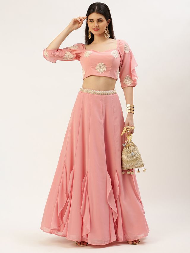 Bollywood Vogue Ready To Wear Pink Embroidered Ruffles Style Skirt Set