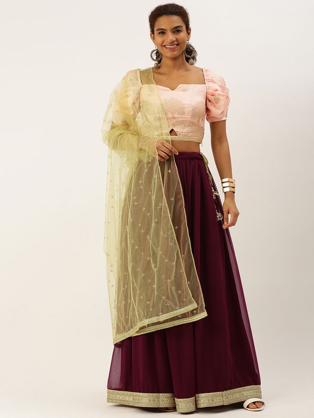 Bollywood Vogue Ready To Wear Pink Jacquard N Burgundy Georgette Lehenga