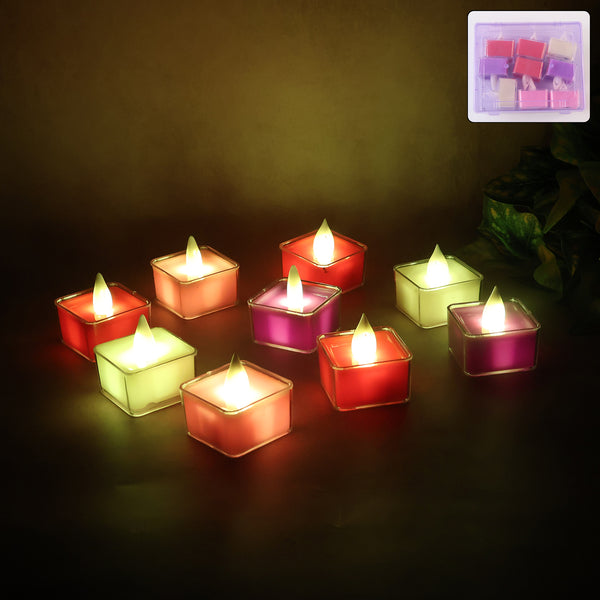 Square LED Flameless Decorative Tealight Candles with Battery Operated Multicolor Lights with Flickering Flame Effect - (9 Pc Set)