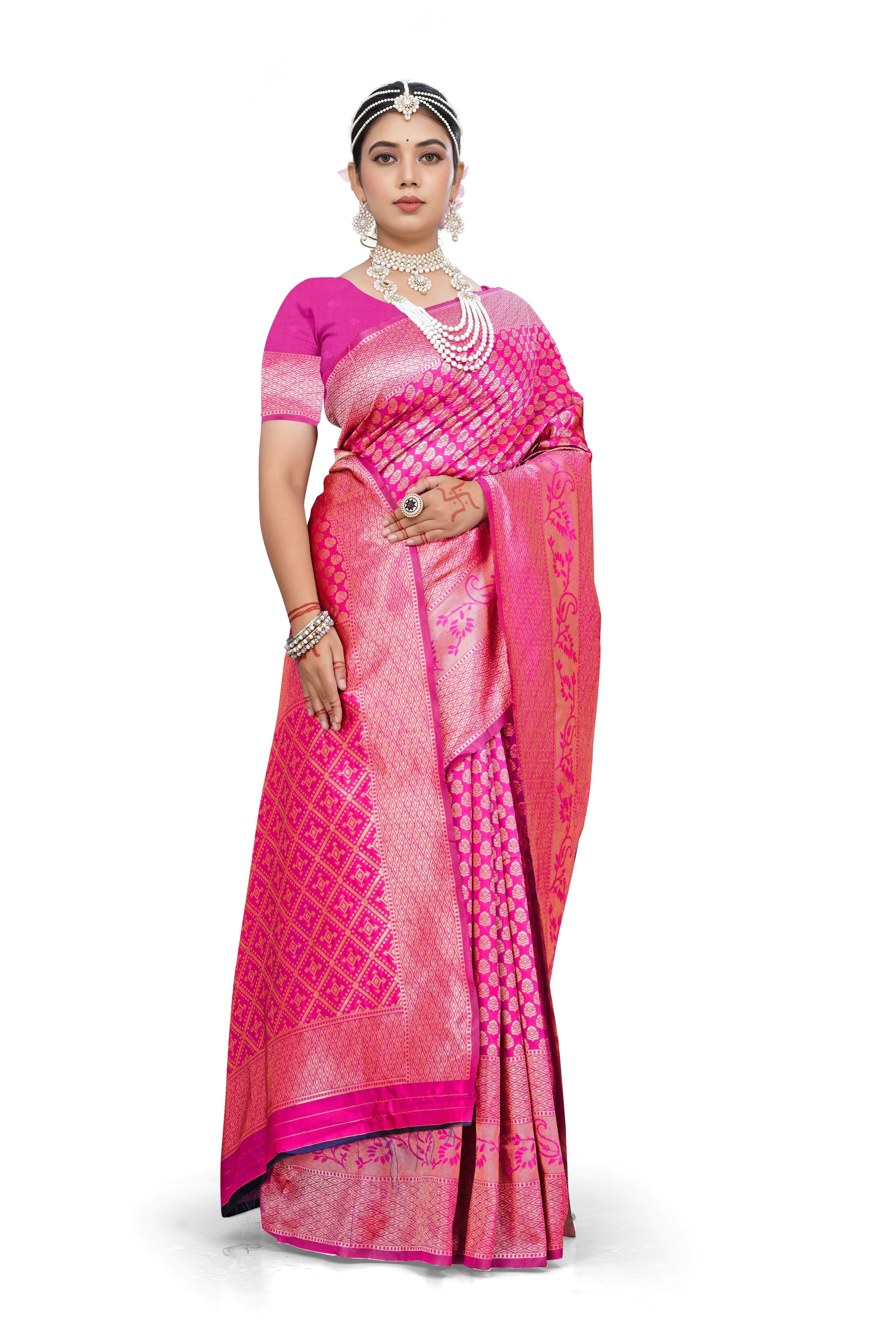 AXONIT Royal Banarasi Silk Saree with Intricate Golden Zari Weaving