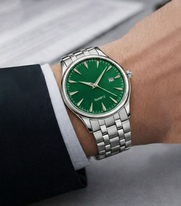 Men’s Stainless Steel Analog Watch with Green Dial, Quartz Movement, Date Display & Metal Strap LOREM