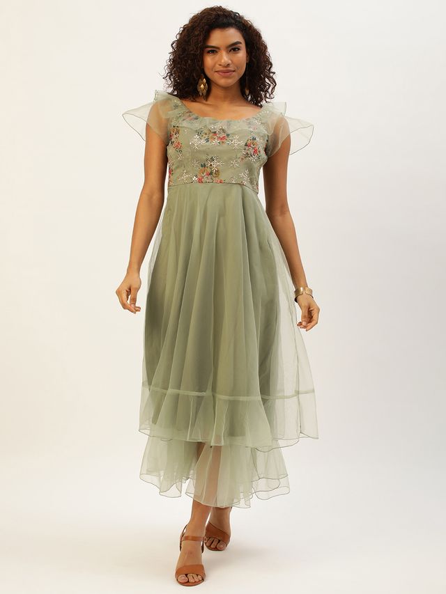 Bollywood Vogue Ready To Wear Green Organza Embroidered Gown