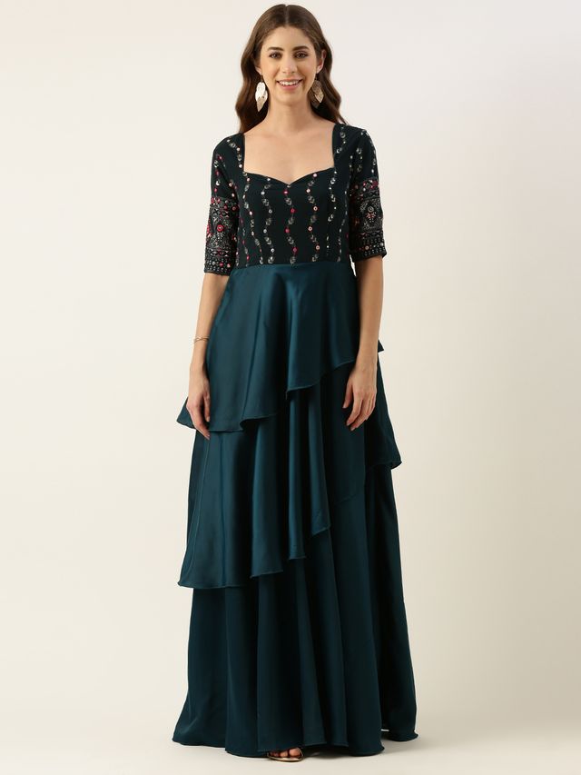 Bollywood Vogue Ready To Wear Teal Green Georgette Sequins Embroidered Gown