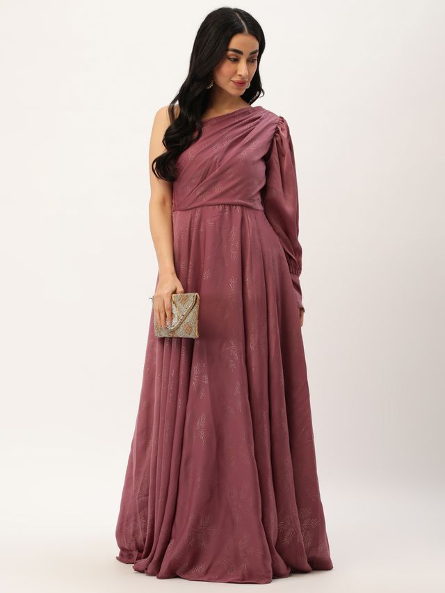 Bollywood Vogue Ready To Wear Mauve Satin Blend Foil Printed Gown