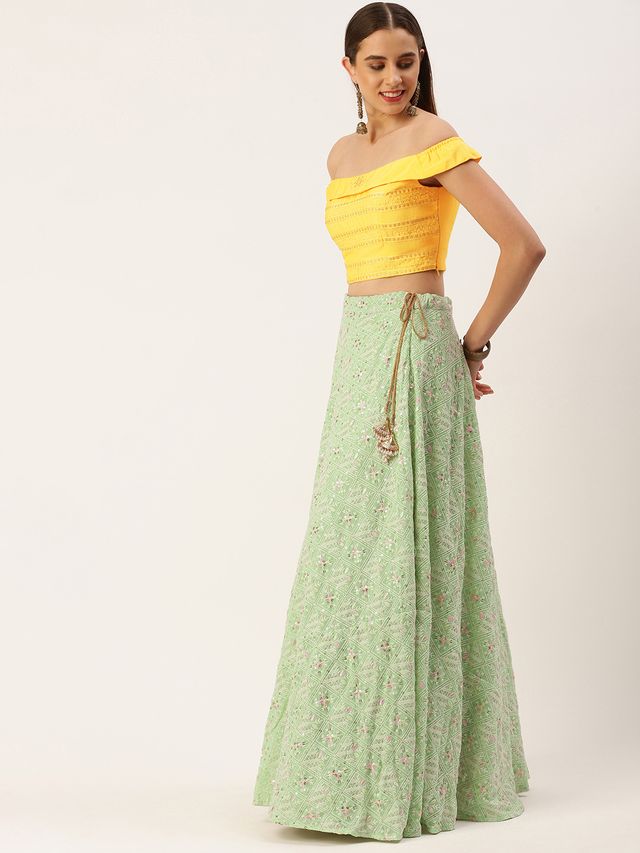 Bollywood Vogue Ready To Wear Yellow N Green Off Shoulder Style Lehenga