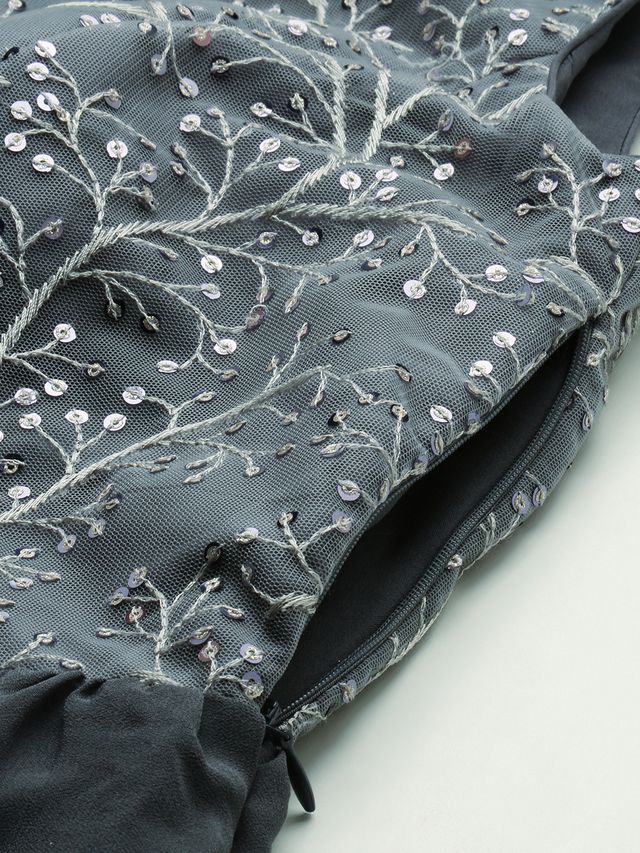 Bollywood Vogue Ready To Wear Grey Embroidered Net Tiered Gown