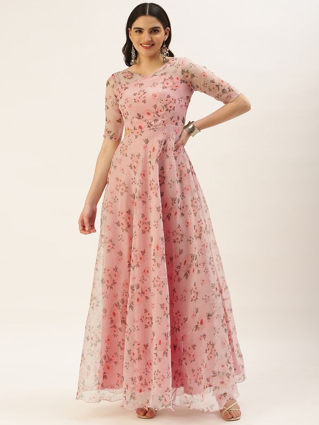 Bollywood Vogue Ready To Wear Pink Digital Print Organza Gown