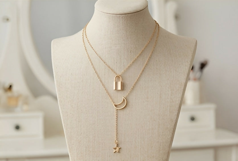 Elegant Padlock & Crescent Moon Necklace Set (2 Pieces)