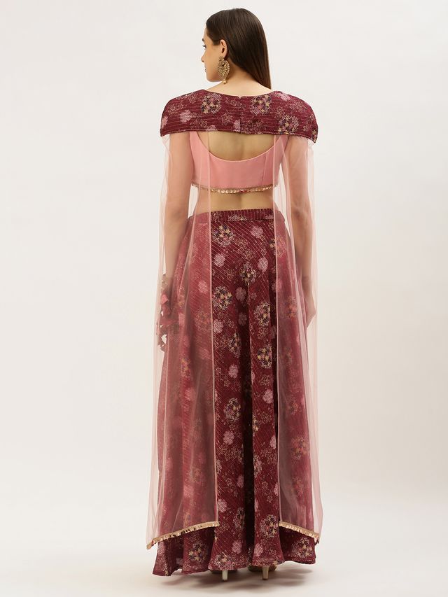 Bollywood Vogue Ready To Wear Wine Georgette Printed Cape Lehenga Set