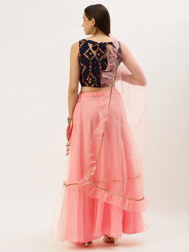 Bollywood Vogue Ready To Wear Royal Blue and Pink Embroidered Lehenga Set