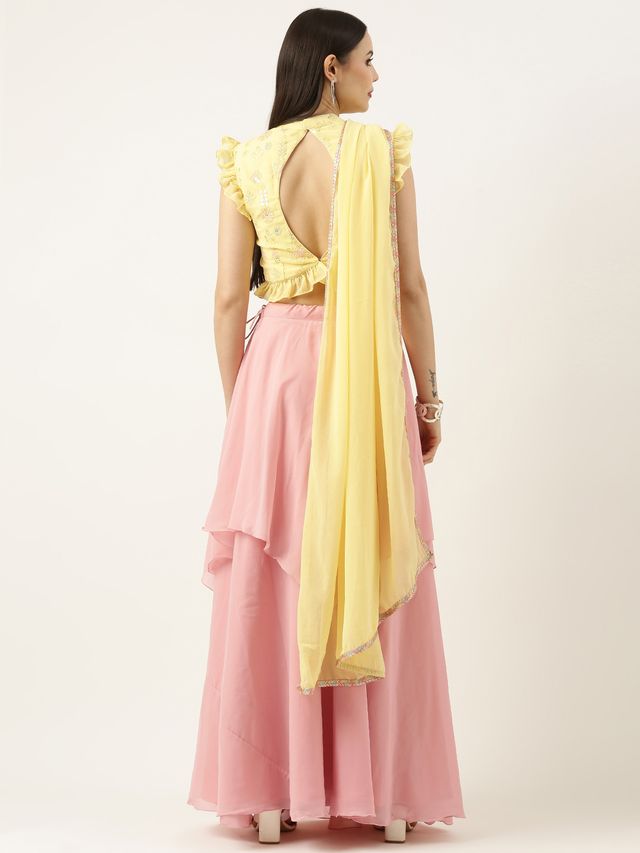 Bollywood Vogue Ready To Wear Yellow Georgette Embroidered Pink Lehenga Set