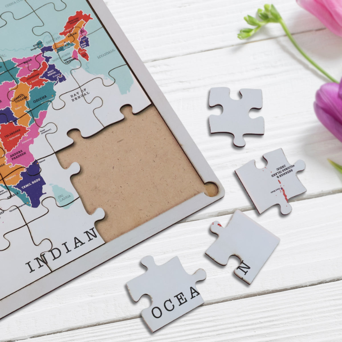 Educational Wooden India Map Puzzle – States & Union Territories Labeled Learning Tray for Kids- (1 Set)