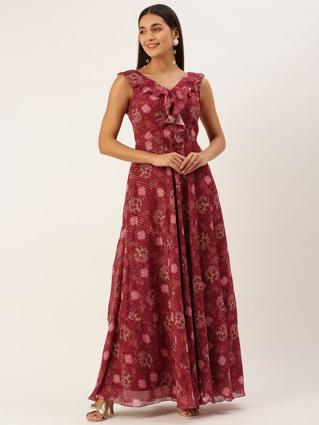Bollywood Vogue Ready To Wear Wine Georgette Digital Print V Neck Gown