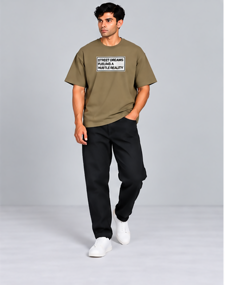 HUSTLE Men's Crew Neck Oversized Tees - Khaki