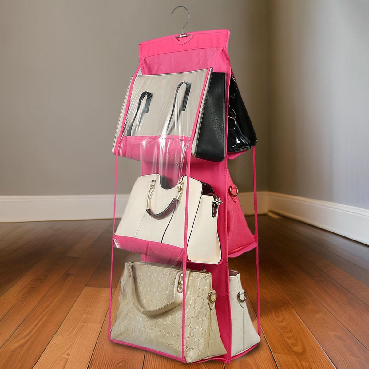 Clear 6-Pocket Hanging Handbag Organizer – Space-Saving Purse & Shelf Storage (1 Pc) HP DD