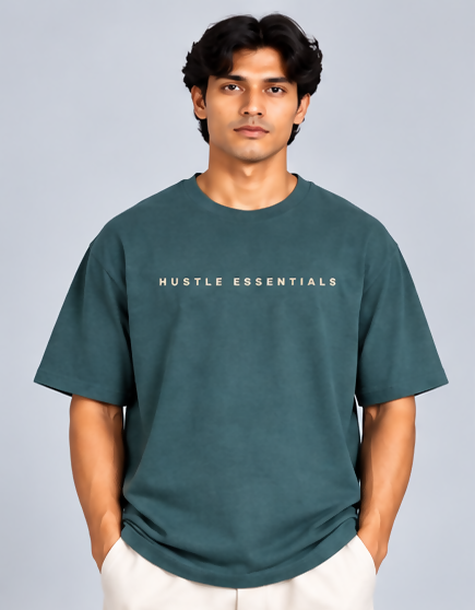 HUSTLE Essentials Men's Crew Neck Oversized T-Shirt – Crystal Teal(Oversized fit)