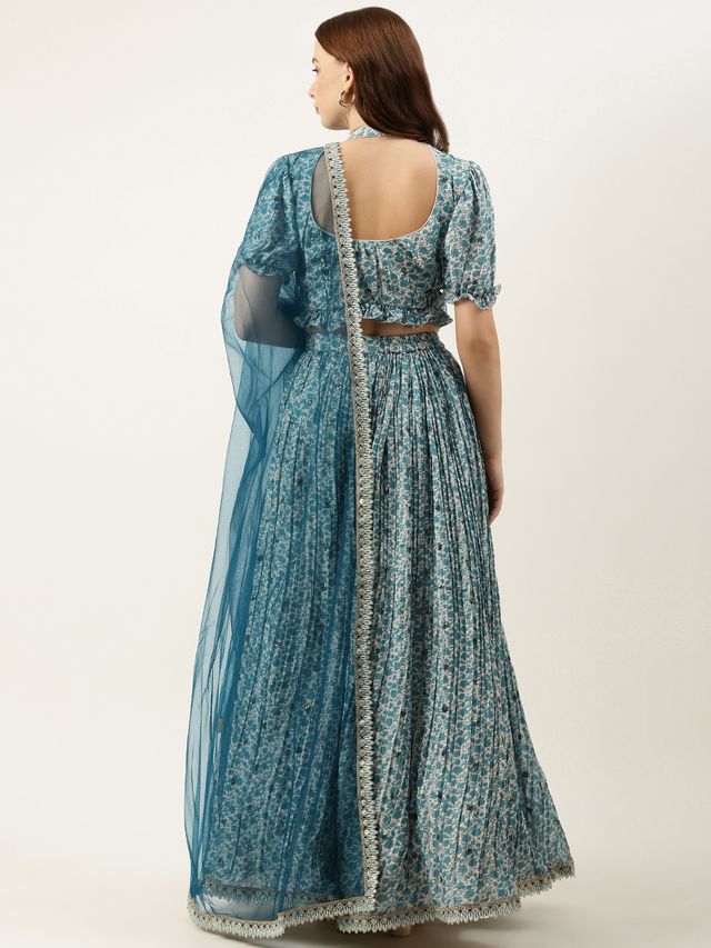 Bollywood Vogue Ready To Wear Blue Chinon Printed N Embroidered Lehenga Set