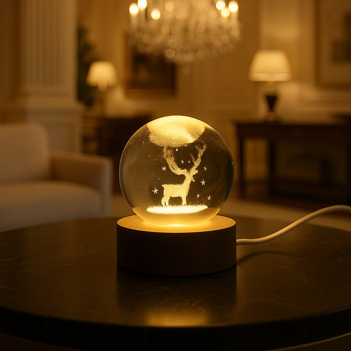 Mela Crystal Ball Night Light Glass Ball Night Lamp With Wood Base HP DD