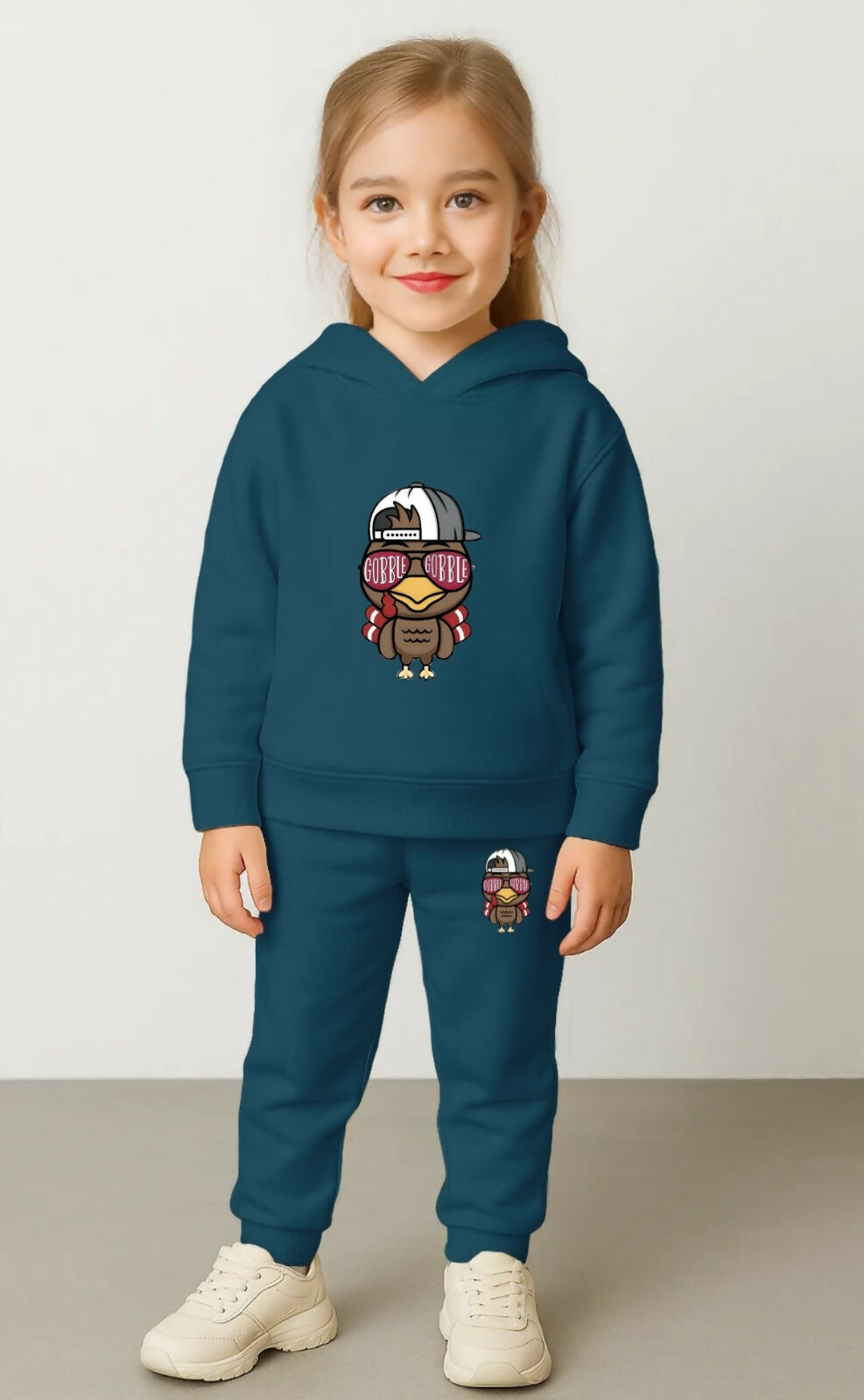 Girls' Teal Blue Cotton Hoodie & Jogger "Gobble Gobble" 2-Piece Set Luck Fashion