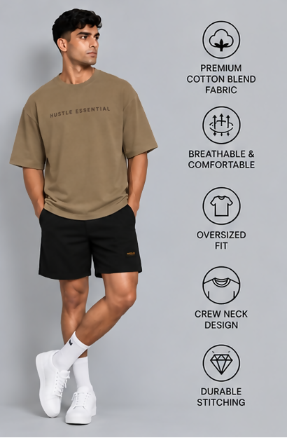 HUSTLE Essentials Men's Crew Neck Oversized Tees - Muted Olive Khaki