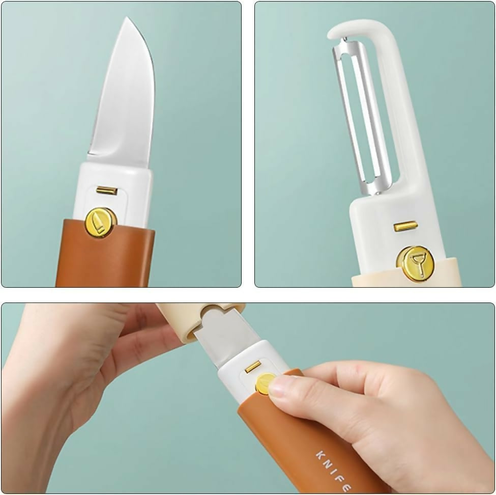 2-in-1 Stainless Steel Portable Kitchen Knife & Peeler Multi-Functional Fruit & Vegetable Peeling Tool with Safety Cover for Home, Travel & Outdoor Use
