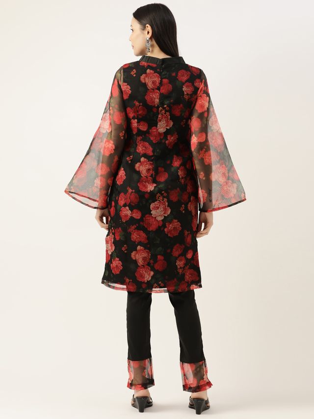 Bollywood Vogue Ready To Wear Black Digital Printed Organza Kurta Set