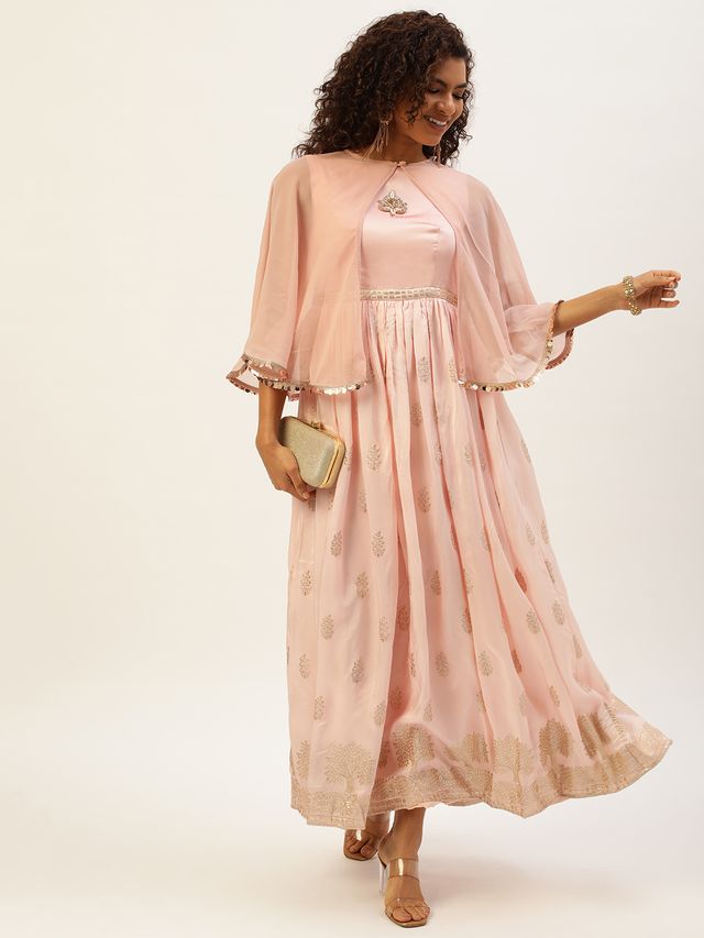 Bollywood Vogue Ready To Wear Pink Jacquard Viscose Cape Gown