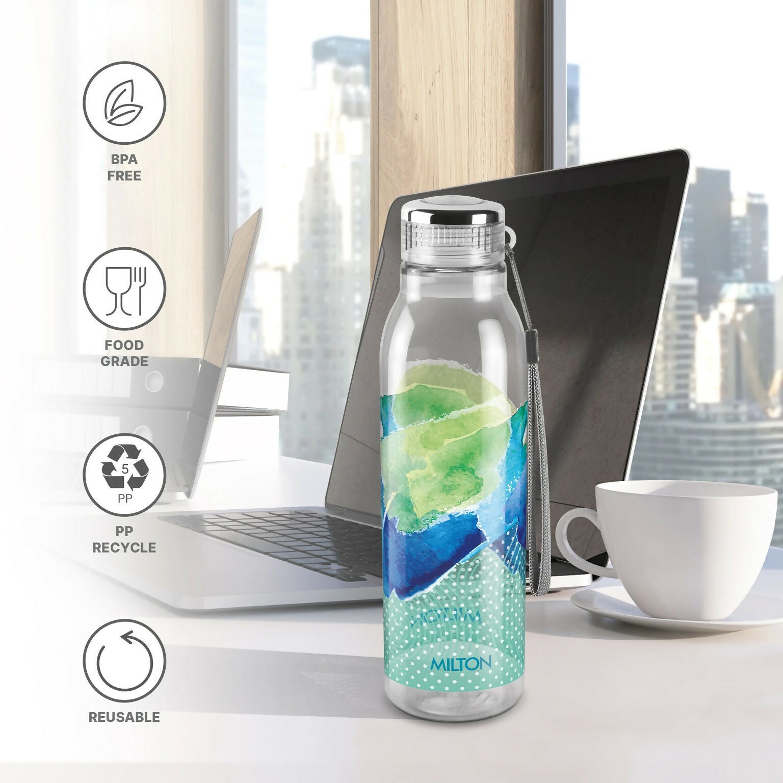 MILTON Helix PET Water Bottle 1 Litre Each with Carry Strap – Multicolor (Pack of 2)