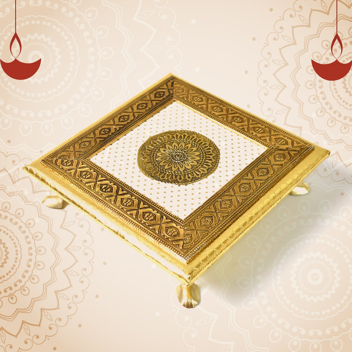 Golden - Square Pooja Chowki Patla Bajot (20x20 Cm 1 Pc) HP DD