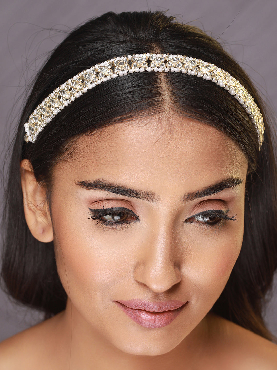 Silver Plated White Kundan Studded & Beaded Matha Patti