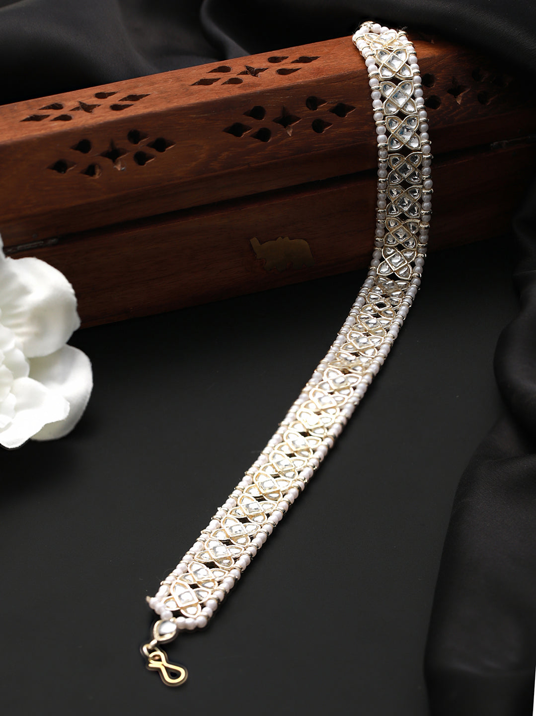 Silver Plated White Kundan Studded & Beaded Matha Patti