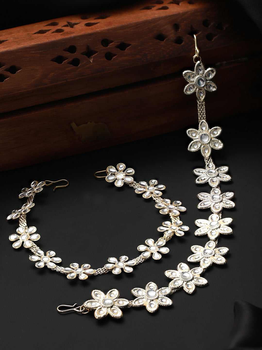 Set Of 2 Silver Plated White Stone Studded & Floral Pattern Matha Patti