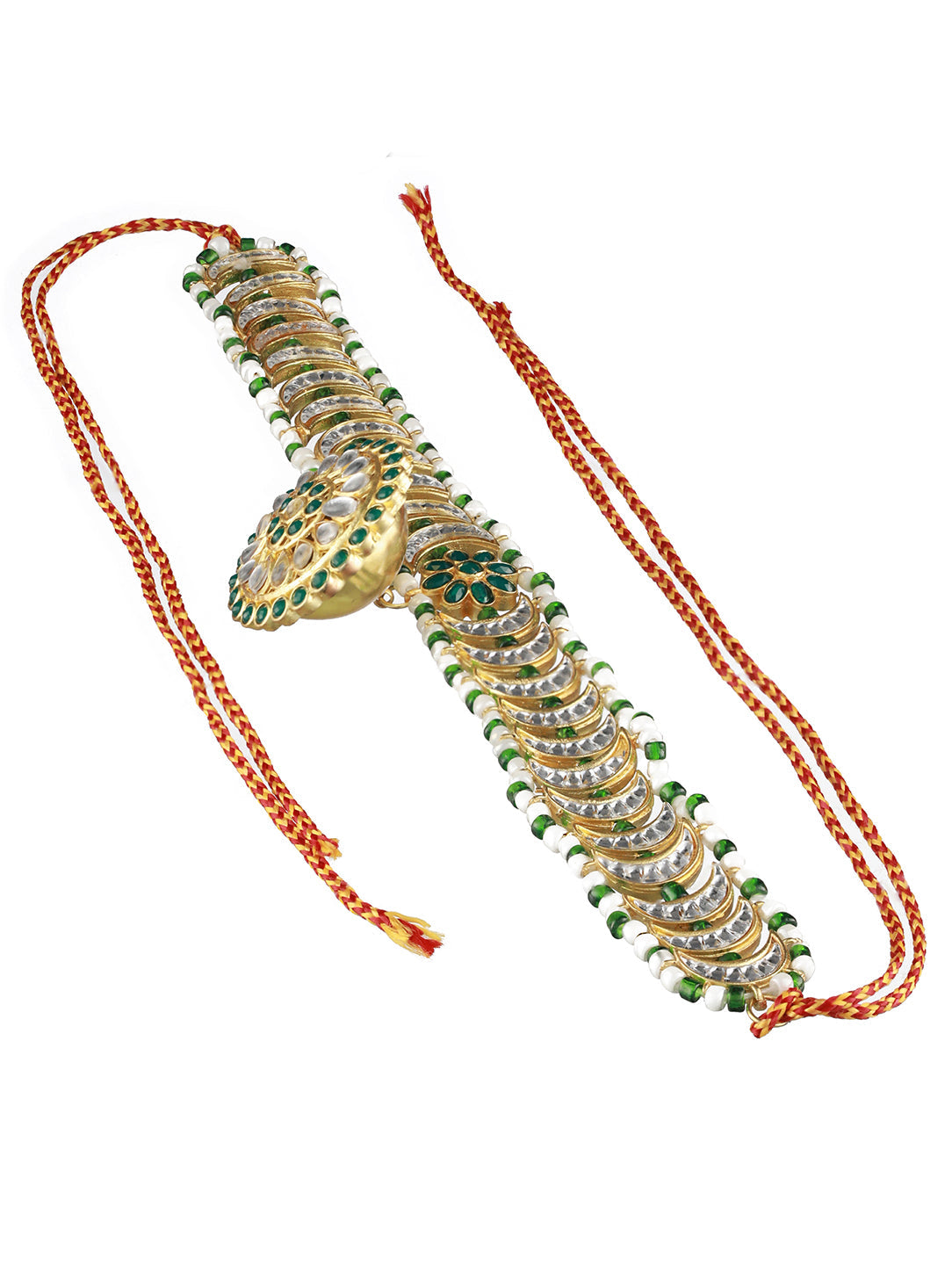 Gold-Plated Green & White Stone-Studded & Pearl Beaded Meenakari Matha Patti