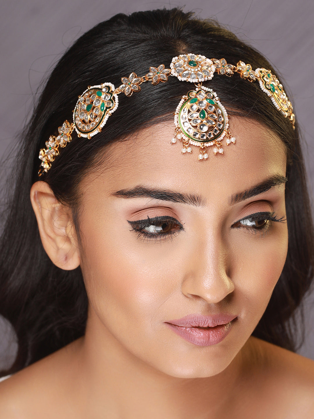 Gold-Plated Green & White Kundan-Studded & Pearl Beaded Meenakari Mathapatti