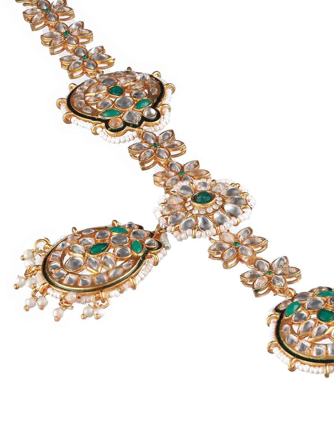 Gold-Plated Green & White Kundan-Studded & Pearl Beaded Meenakari Mathapatti