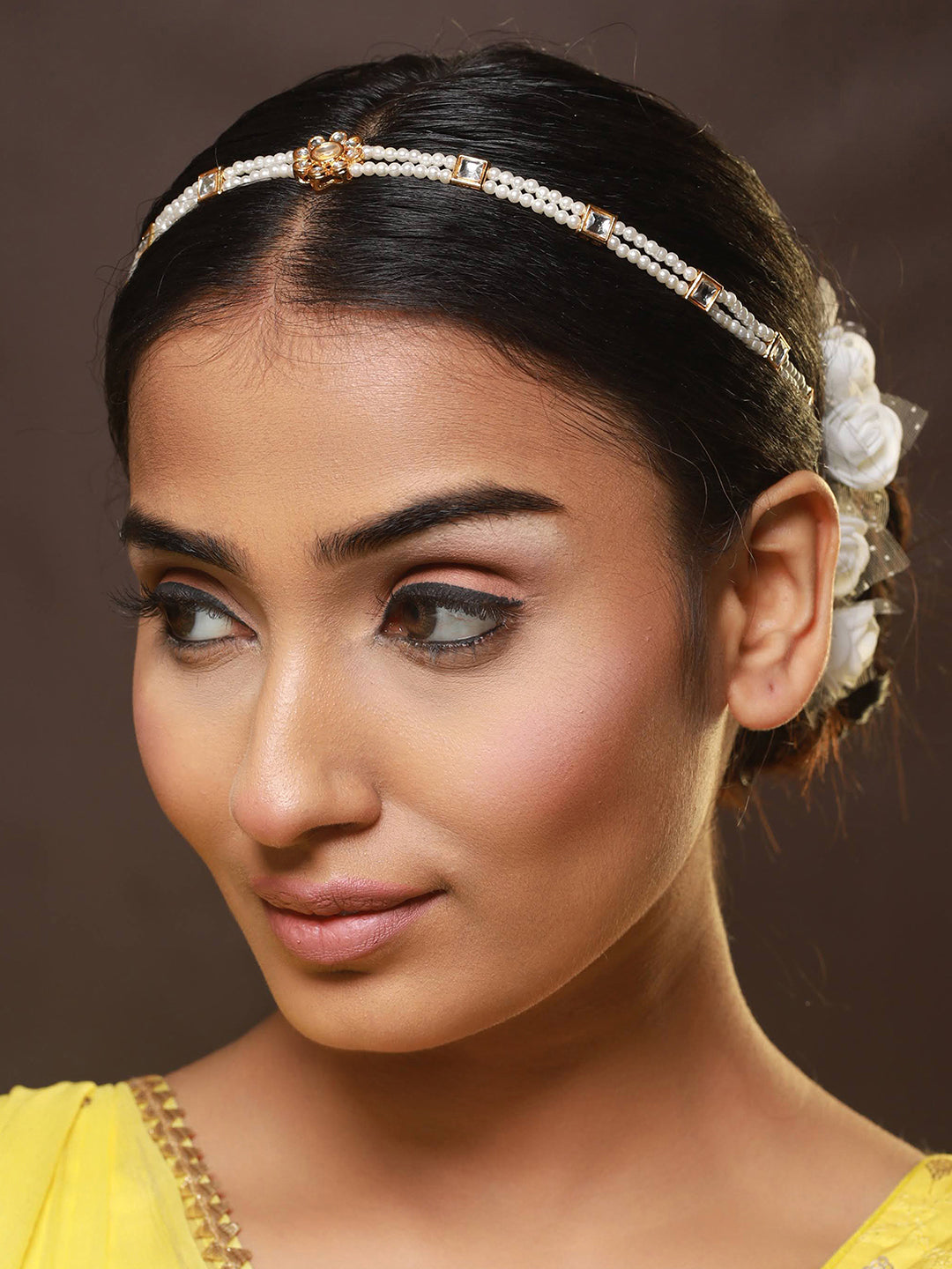 Gold-Plated White Kundan-Studded & Pearl Beaded Mathapatti