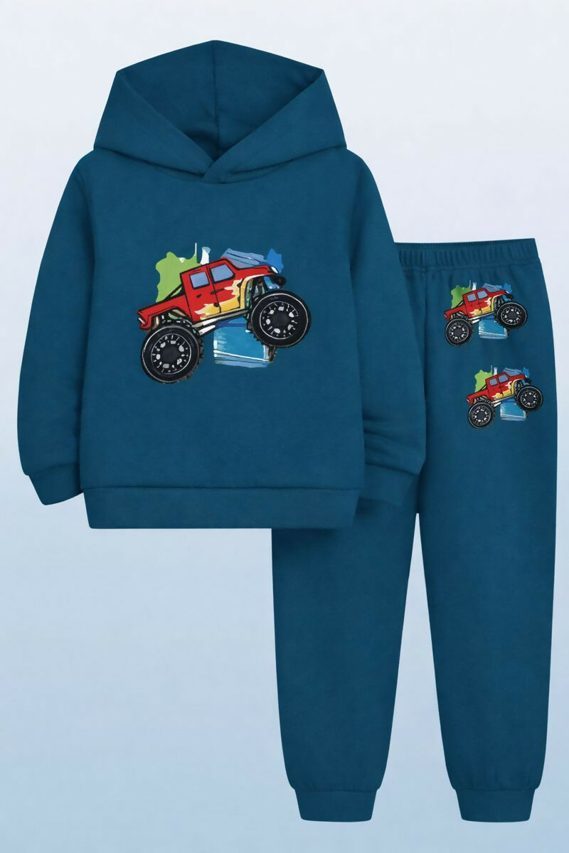 Girls' Teal Blue Cotton Hoodie & Jogger Set – Creative Graphic Printed Sportswear (Ages 0 Months to 7 Years) Luck Fashion