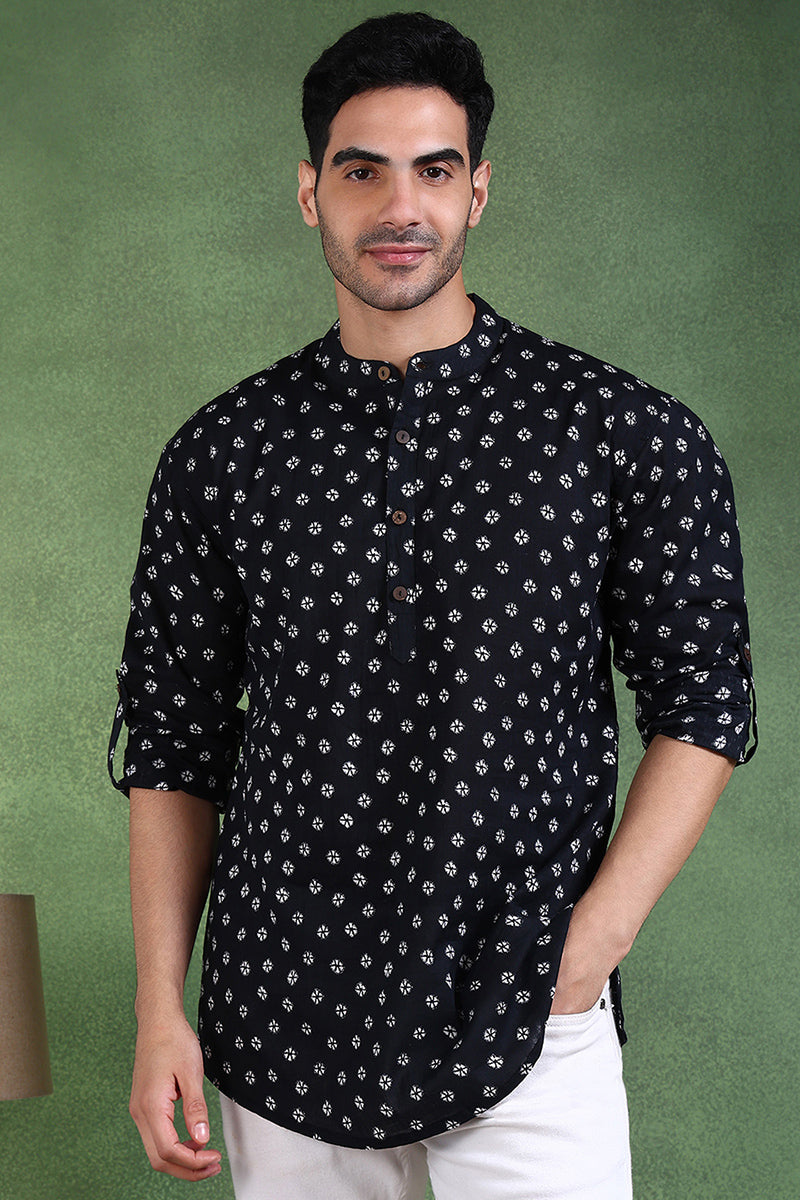 Ethnic Bay Black Cotton Bandhani Printed Straight Short Kurta For Men