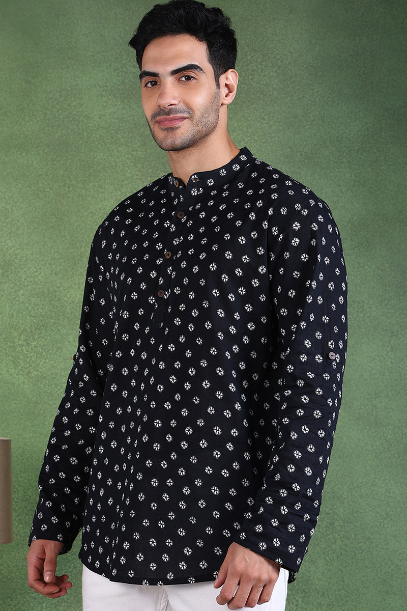 Ethnic Bay Black Cotton Bandhani Printed Straight Short Kurta For Men