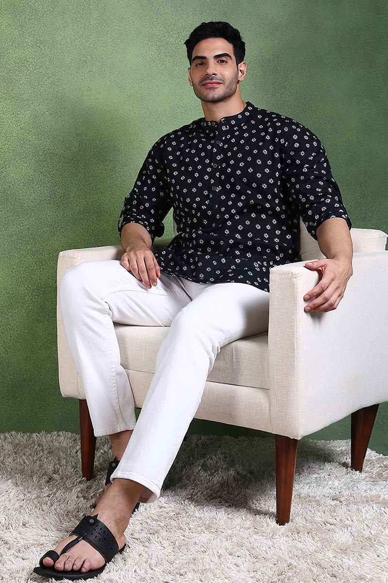 Ethnic Bay Black Cotton Bandhani Printed Straight Short Kurta For Men