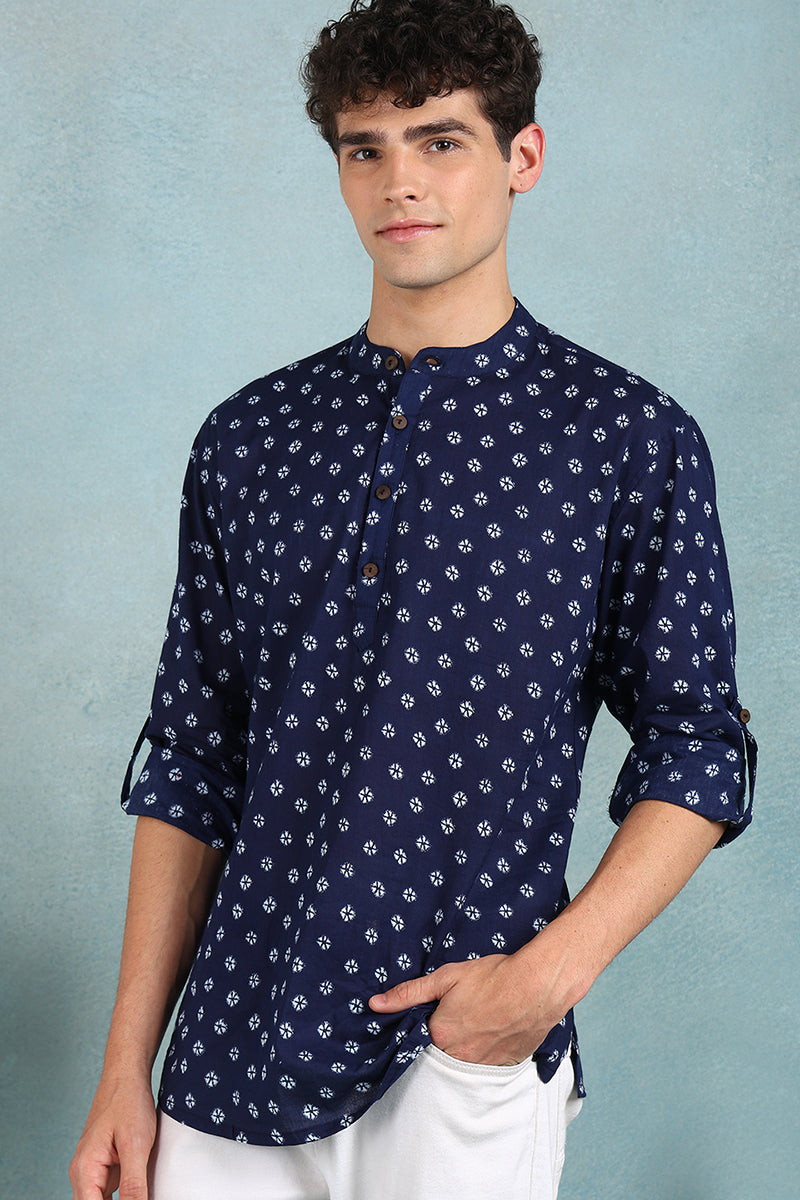 Ethnic Bay Blue Cotton Bandhani Printed Straight Short Kurta For Men