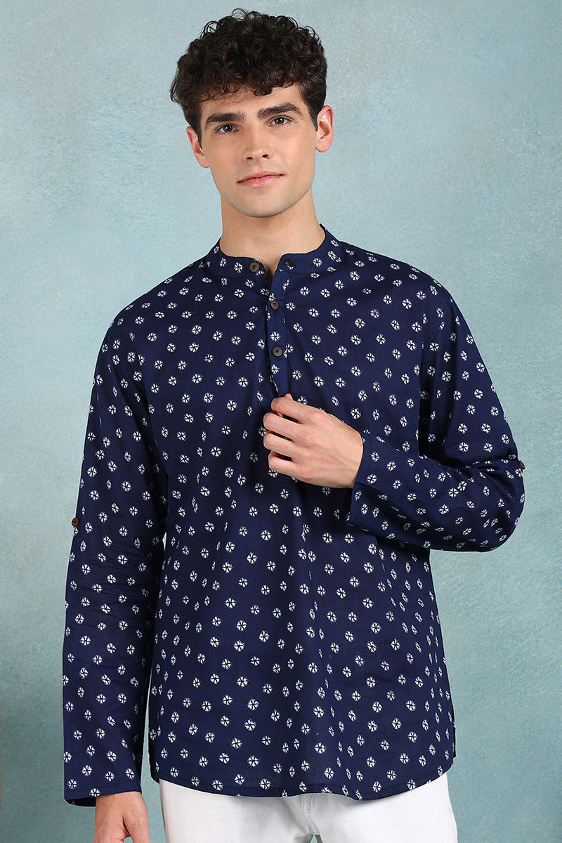 Ethnic Bay Blue Cotton Bandhani Printed Straight Short Kurta For Men