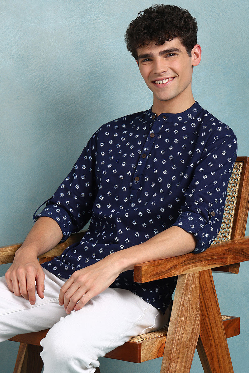 Ethnic Bay Blue Cotton Bandhani Printed Straight Short Kurta For Men