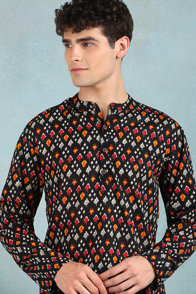 Ethnic Bay Black Cotton Ikat Printed Straight Short Kurta For Men