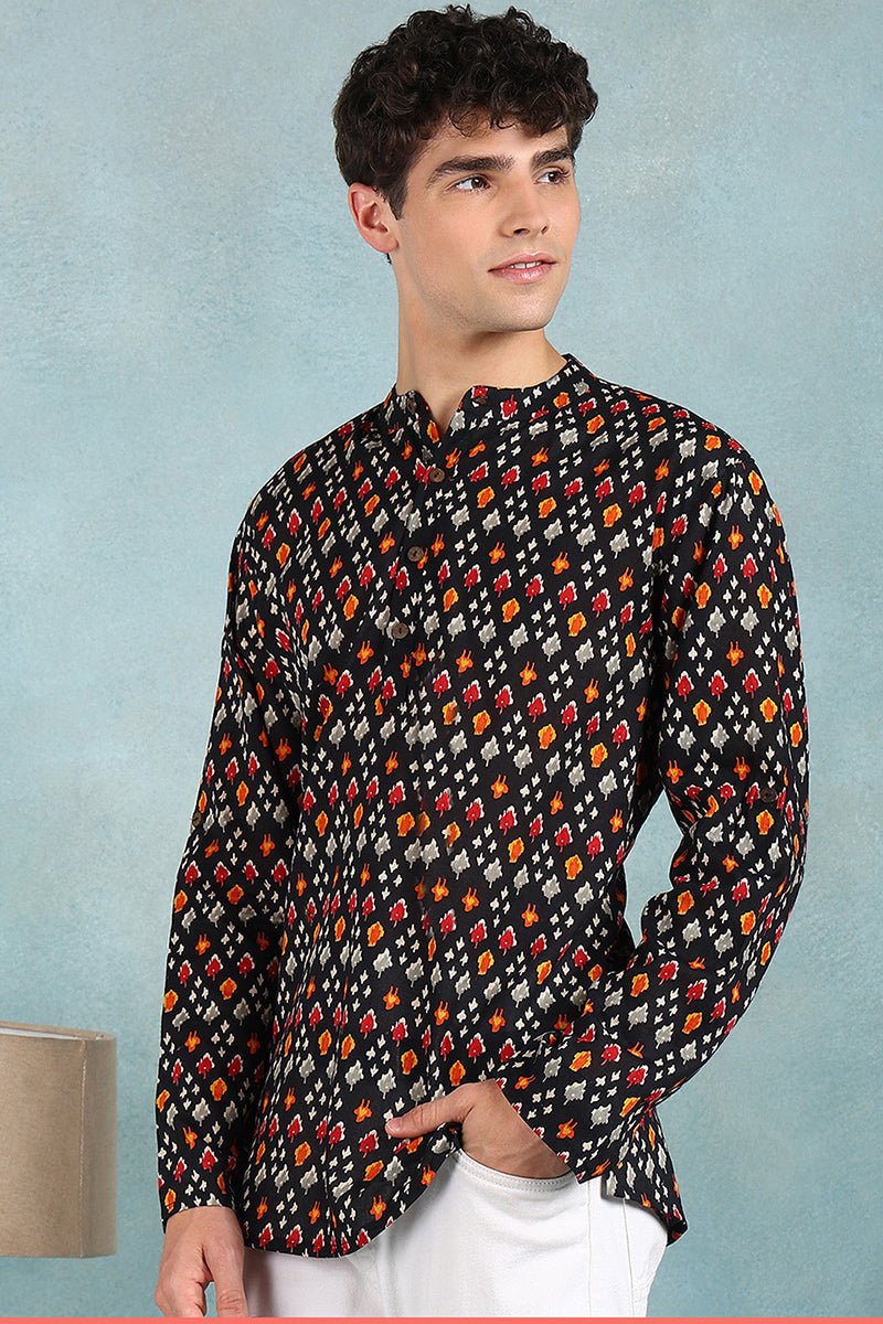 Ethnic Bay Black Cotton Ikat Printed Straight Short Kurta For Men