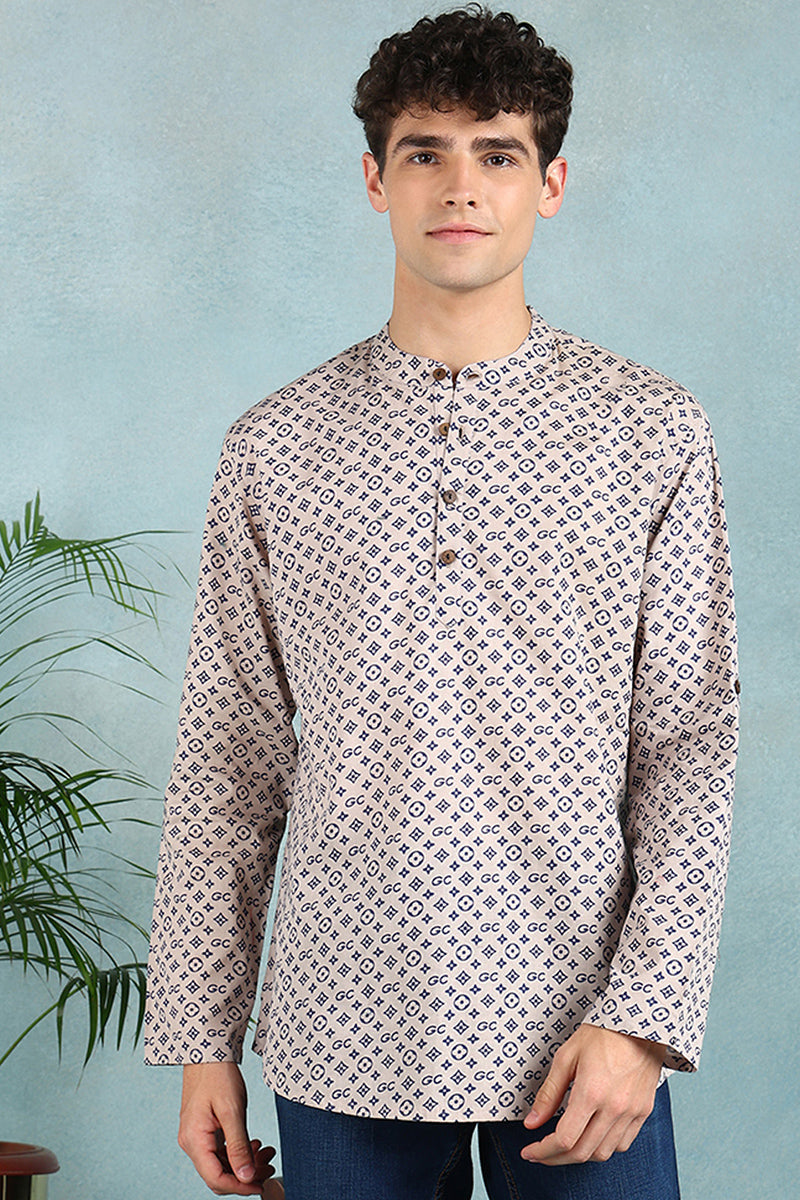 Ethnic Bay Beige Cotton Geometric Printed Straight Short Kurta For Men