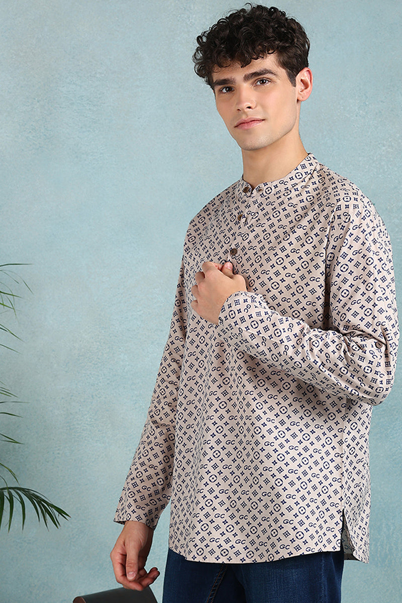 Ethnic Bay Beige Cotton Geometric Printed Straight Short Kurta For Men