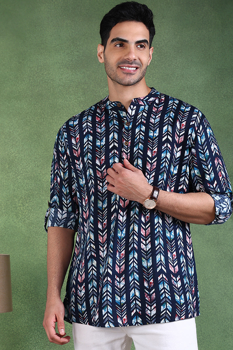 Ethnic Bay Blue Viscose Rayon Chevron Printed Straight Short Kurta For Men