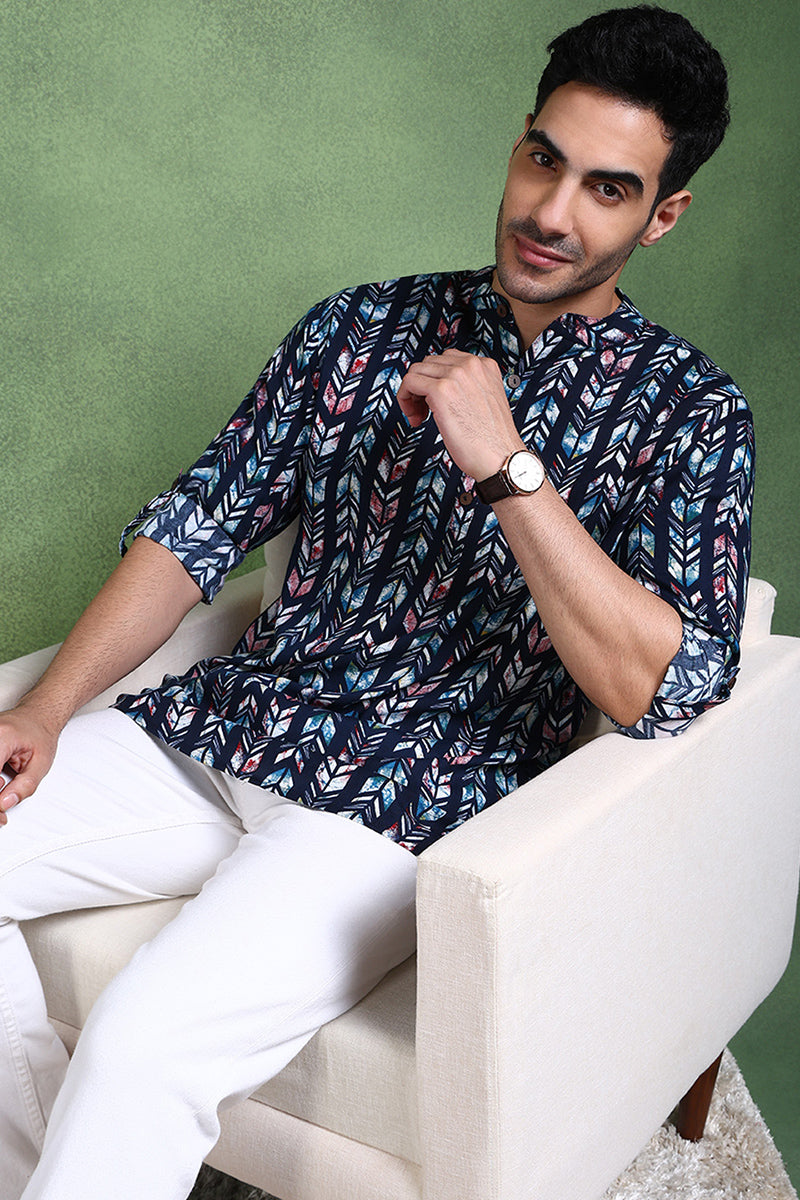 Ethnic Bay Blue Viscose Rayon Chevron Printed Straight Short Kurta For Men