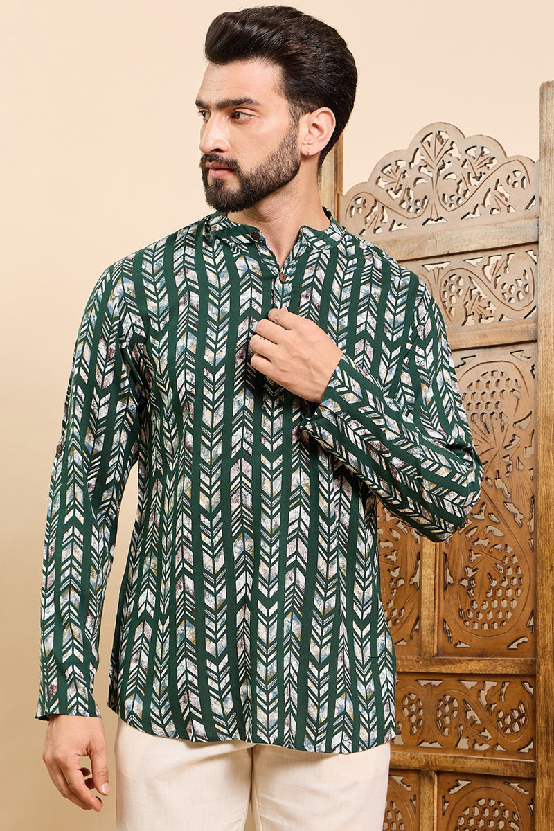 Ethnic Bay Green Viscose Rayon Chevron Printed Ethnic Straight Short Kurta For Men
